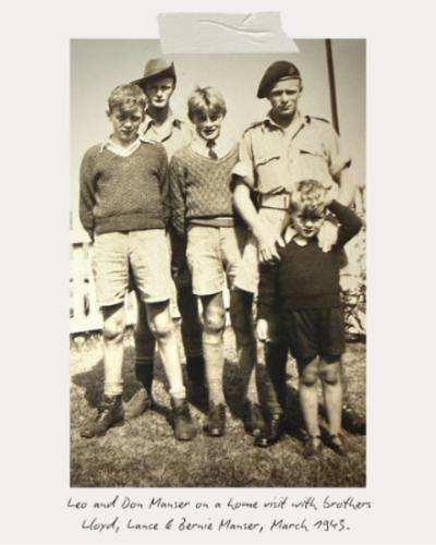 Bernie Manser as a young boy is shown with in this black and white 1943 photo with his older brothers -- Leo and Don in uniform on service leave during the war together with Lance and Lloyd. 
